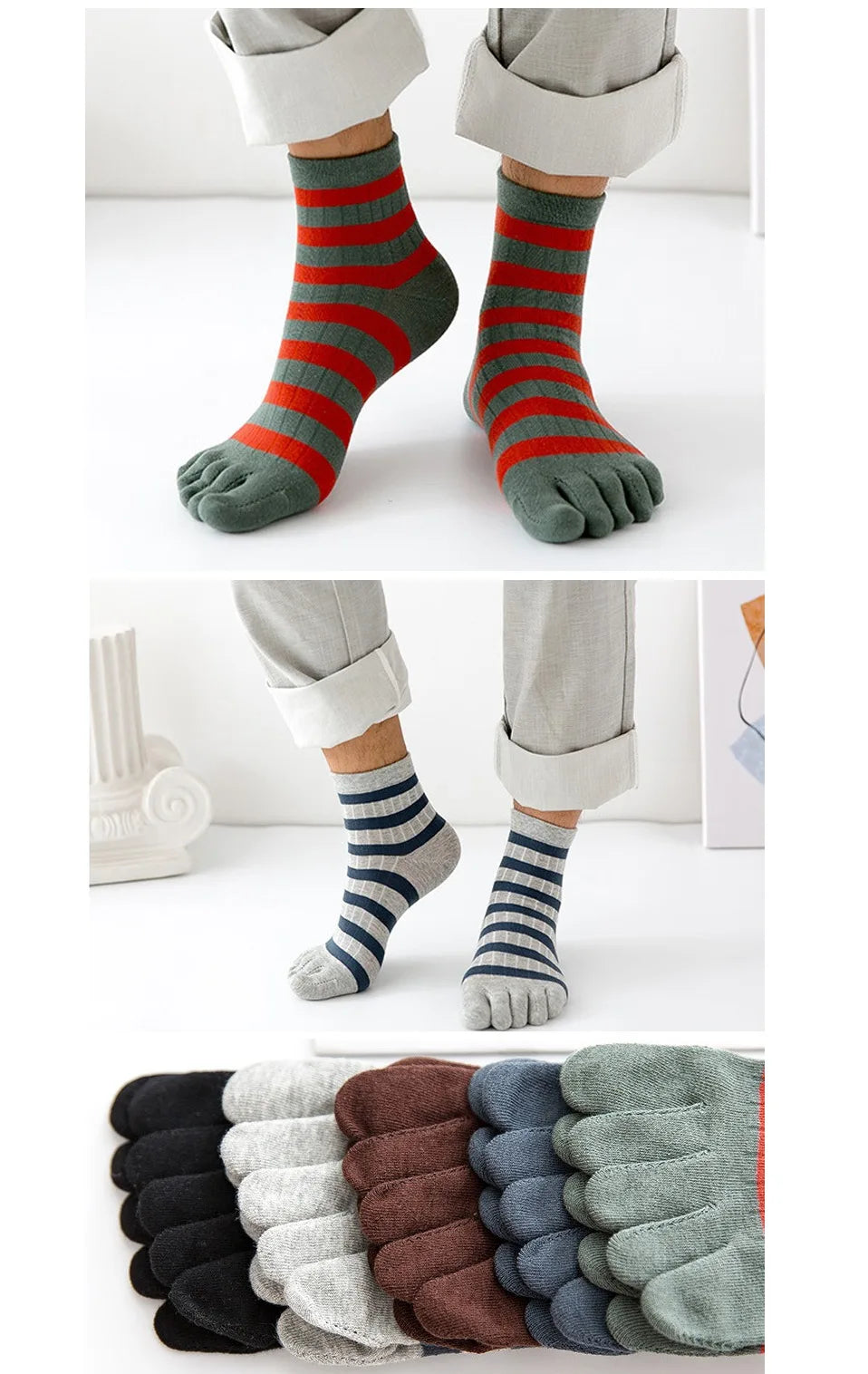 5 Pairs Mans Short Socks With Toes Pure Cotton Striped Business Young Street Fashion Colorful Five Finger Happy Socks Sokken