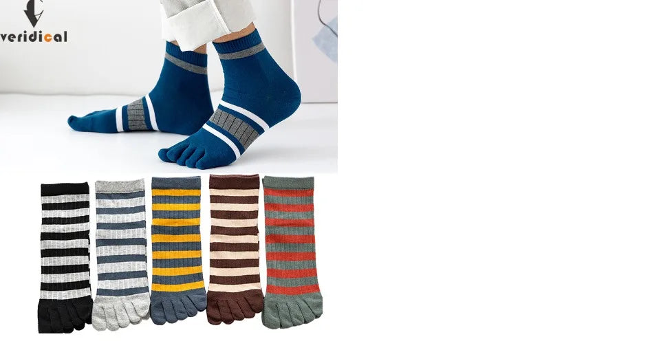 5 Pairs Mans Short Socks With Toes Pure Cotton Striped Business Young Street Fashion Colorful Five Finger Happy Socks Sokken