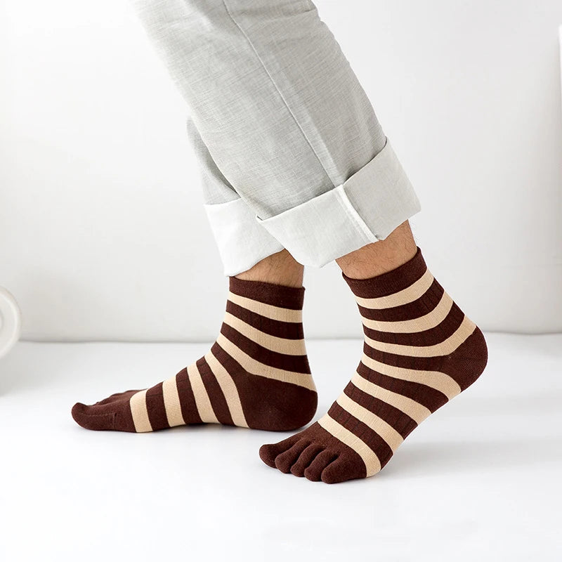 5 Pairs Mans Short Socks With Toes Pure Cotton Striped Business Young Street Fashion Colorful Five Finger Happy Socks Sokken