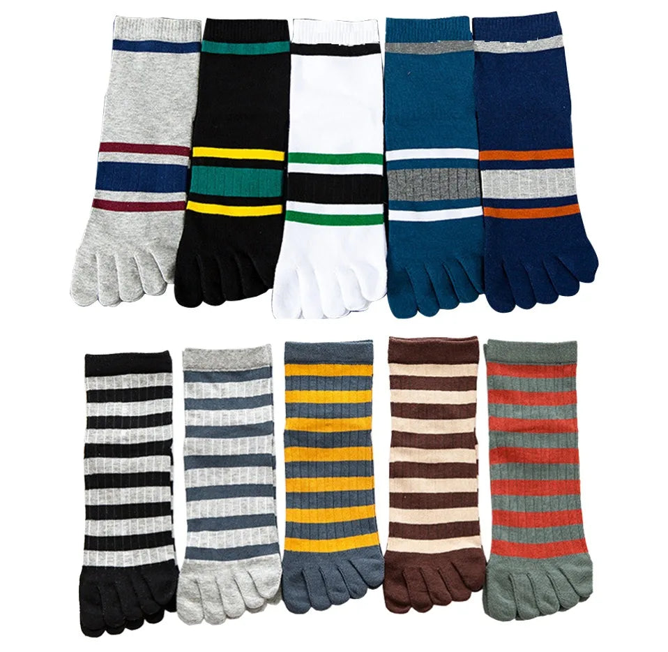 5 Pairs Mans Short Socks With Toes Pure Cotton Striped Business Young Street Fashion Colorful Five Finger Happy Socks Sokken