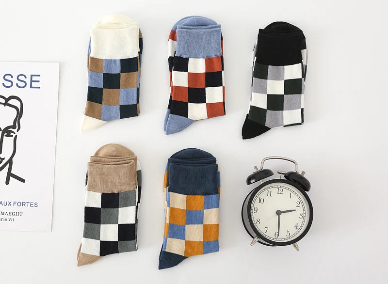 5Pair-pack New Men's Socks Colorful Grid Sock Casual Business High Quality Happy Combed Cotton Socks Fashion Gentleman Socks Men