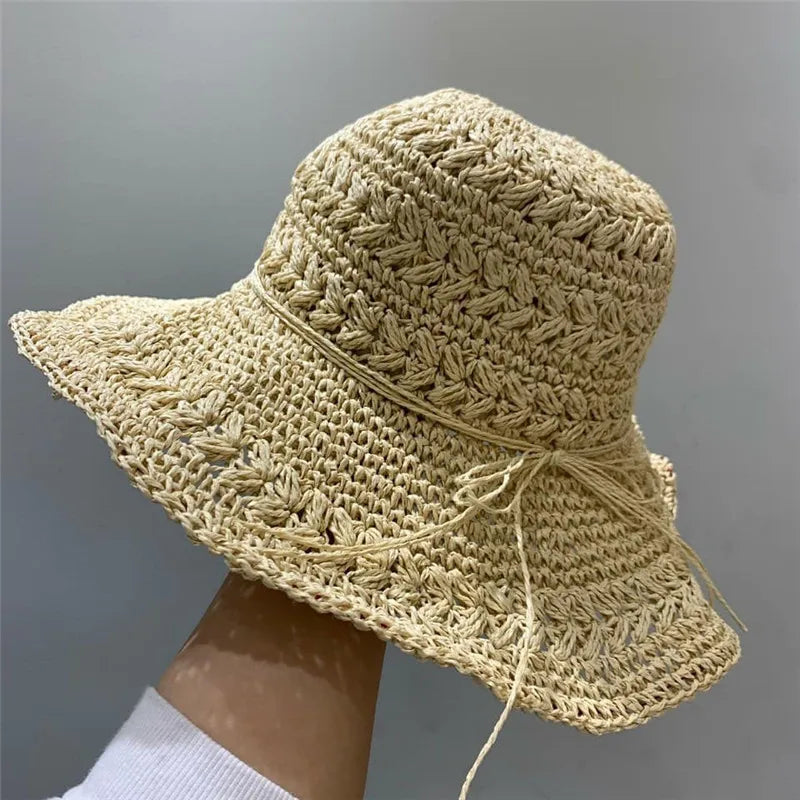 String Bow Floppy Breath Foldable Straw Beach Bucket Hat Wide Floppy Brim UV Sun Protection Caps For Summer Women