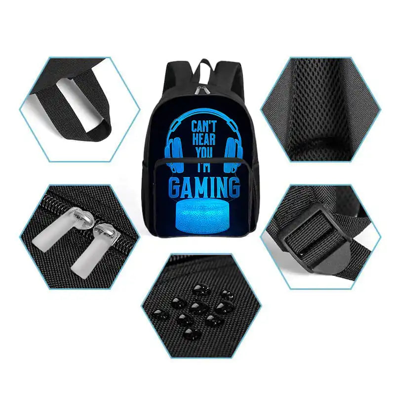 Polyester Waterproof Headset Pattern Square Front Pocket Backpack Zipper Large Capacity Boys Girls Best Gift 3D Cartoon School