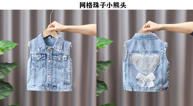 Kids Casual Vest Girl Denim Vest Light Blue Jeans Jacket Autumn Sleeveless Loose Short Coat Children Waistcoats