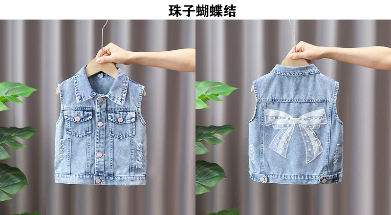 Kids Casual Vest Girl Denim Vest Light Blue Jeans Jacket Autumn Sleeveless Loose Short Coat Children Waistcoats