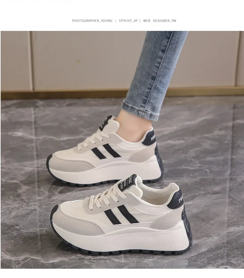2024 autumn Spring Thick Bottom Women's Shoes Casual Patchwork Leather Sneakers Casual Vulcanised Shoes Ladies Chaussure Femme