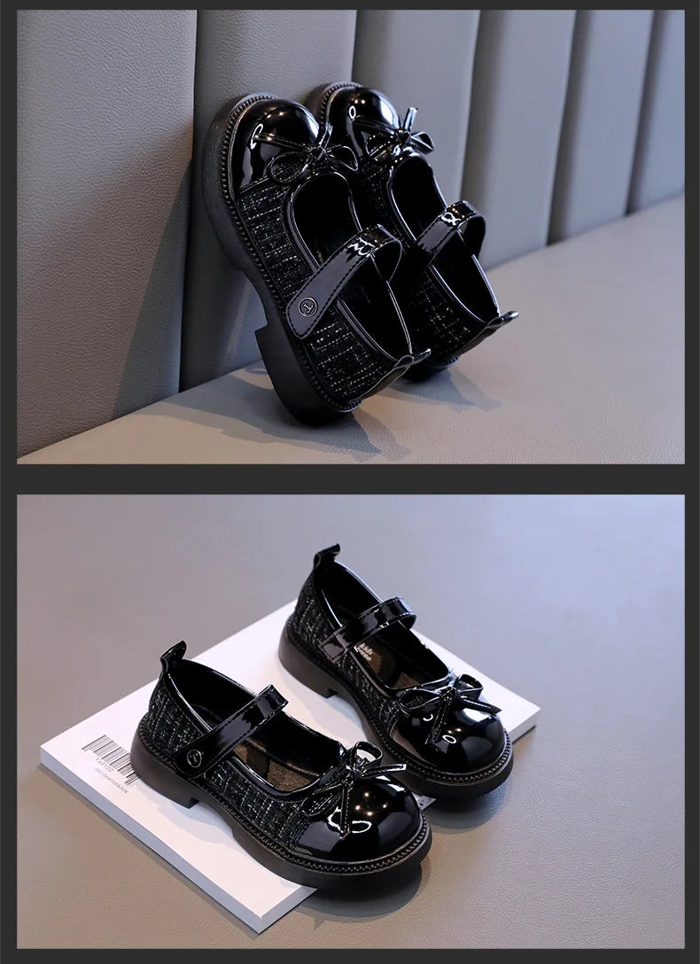 Butterfly Knot Anti Slip Round Toe Girls Leather Shoes Spring Autumn Outdoor PU Sweet Princess Leather Shoes Sandalias De Mujer