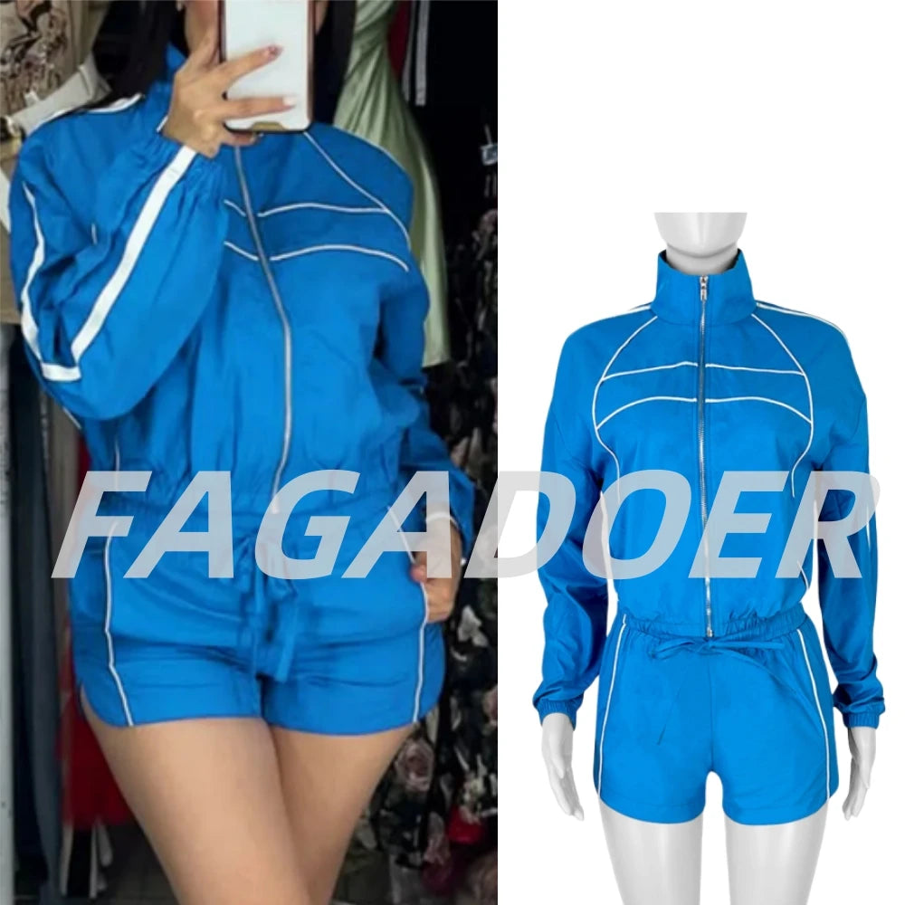 FAGADOER Casual Color Block 2 Pieces Set for Woman Long Sleeve Zipper Crop Jacke and Drawstring Shorts Female Jogger Clothing