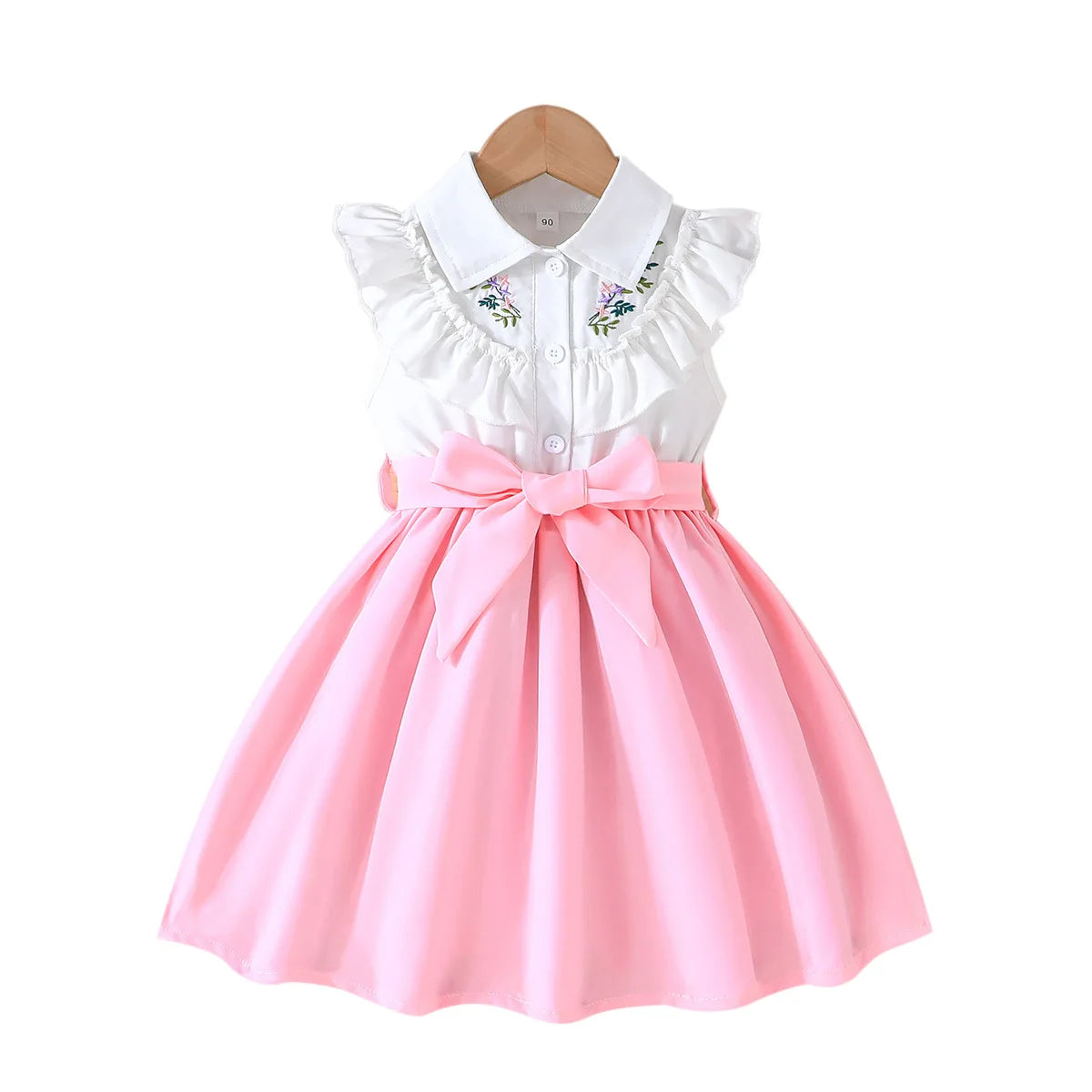 Prowow Lady Girl's Dresses Sleeveless Embroidery Floral Lotus Dress Turn-Down Collar Patchwork Shirt Dress For Girls With Belt
