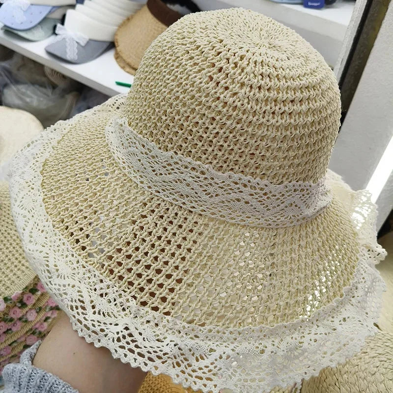 Wide Brim Straw Hat Summer Sunshade Hat Woven with Ribbons Beach Holiday Beach Sandal Trendy Hat for Outdoor Activities