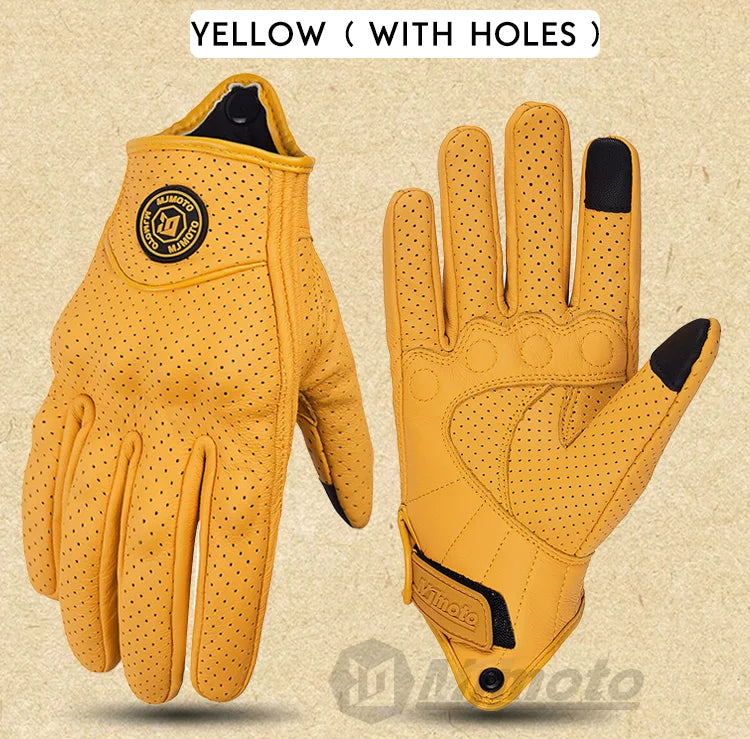 Retro Yellow Leather Motorcycle Gloves Men Women Breathable Perforated Motorbike Racing Gloves Touch Screen Motocross Moto Glove