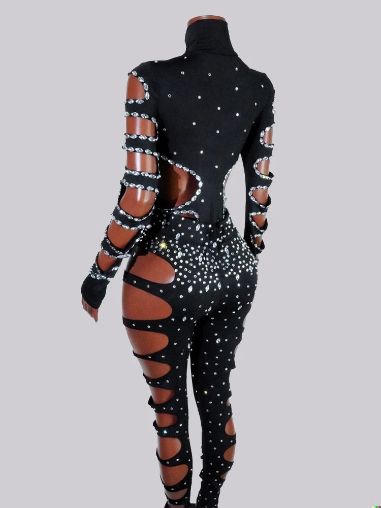 Drag Queen Outfit Sparkly Black Hollow Sexy 2 Piece Crystal Women Evening Prom Celebrate Birthday NightClub Performance Costume