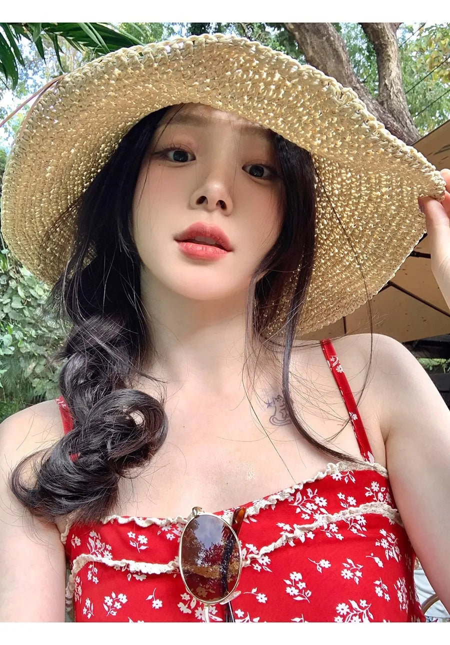 Holiday Sle Beach Fisherman Hat Seaside Sun Protection Sun Hat Large Brim Bow Woven Straw Hat Women Panama Chapeau Korean
