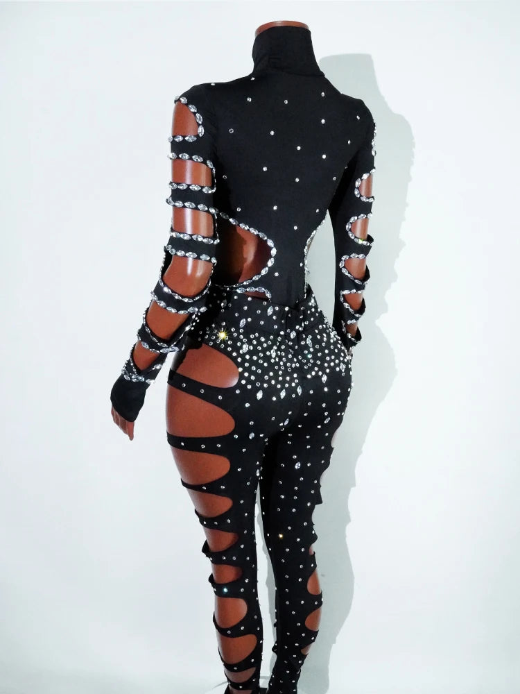Drag Queen Outfit Sparkly Black Hollow Sexy 2 Piece Crystal Women Evening Prom Celebrate Birthday NightClub Performance Costume