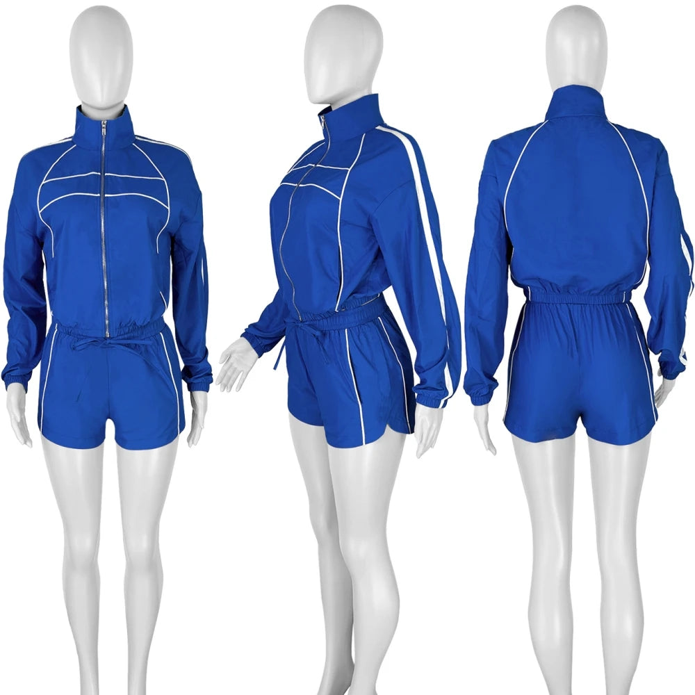 FAGADOER Casual Color Block 2 Pieces Set for Woman Long Sleeve Zipper Crop Jacke and Drawstring Shorts Female Jogger Clothing