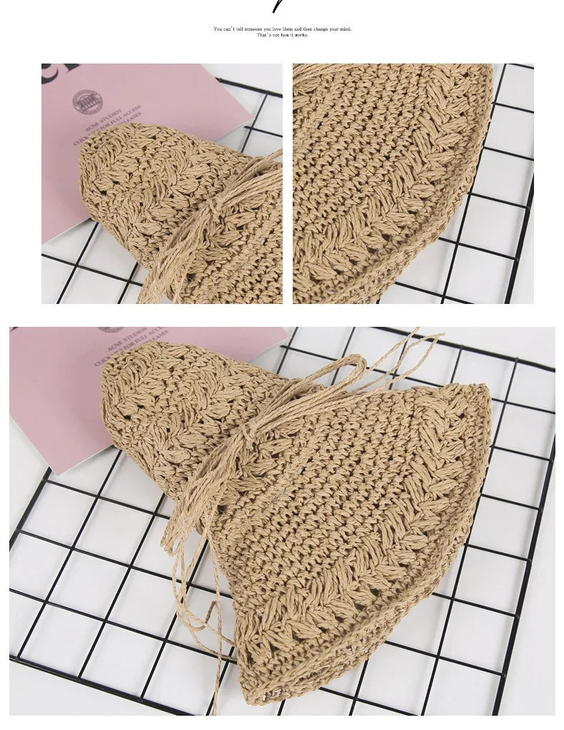 Foldable Sun Protection Straw Hat Women's Summer Korean Style Beach Vacation Outing Large Brim Sand Beach Cap Lace Net Hat