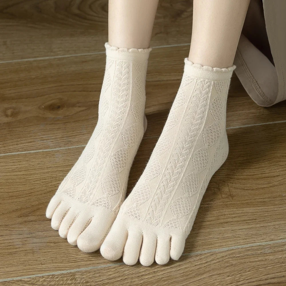 3 Pairs Summer Mesh Toe Socks Women Embroidered Floral Five Finger Socks High Quality Cotton Athletic Socks