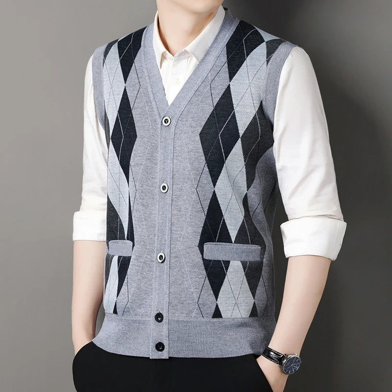 Autumn Winter Mens Vest Casual Sweater Vests Button Up Cardigan Men's V-neck Fashion Knitted Cardigans