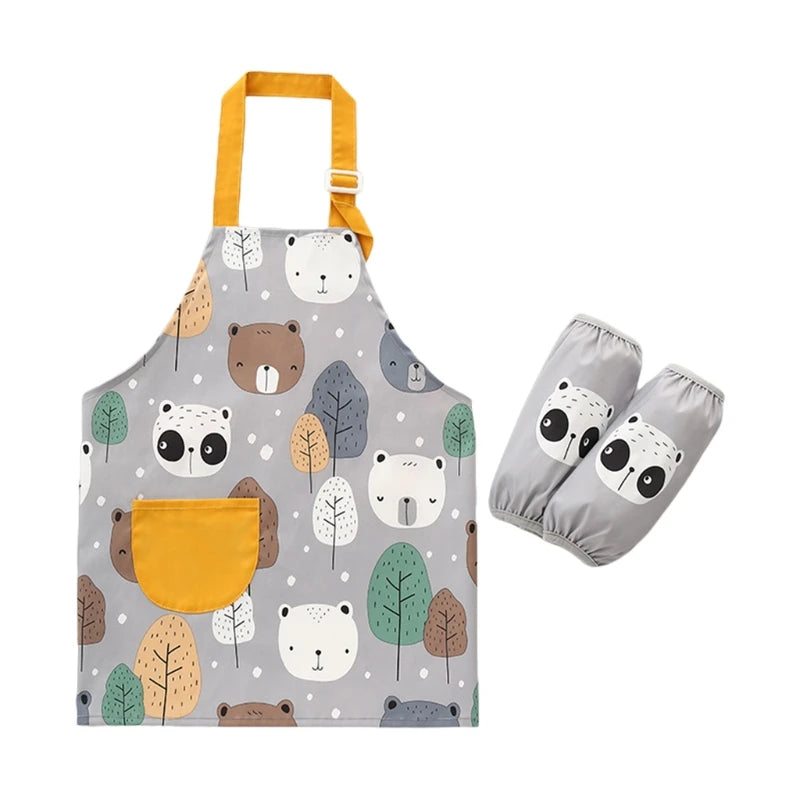 Cute Cartoon Children Apron with Sleeves Set Baby Bibs Kids Craft Art Apron Kitchen Cooking Suit Toddler Burp Cloths for 3-12Y