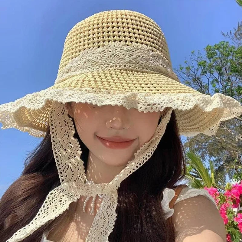 Lace Bow Women Straw Hat Wide Brim Hollow Out Grass Handwoven Visors Bucket Cap Korean Girl Beach Tour Foldable Sunshade Hats