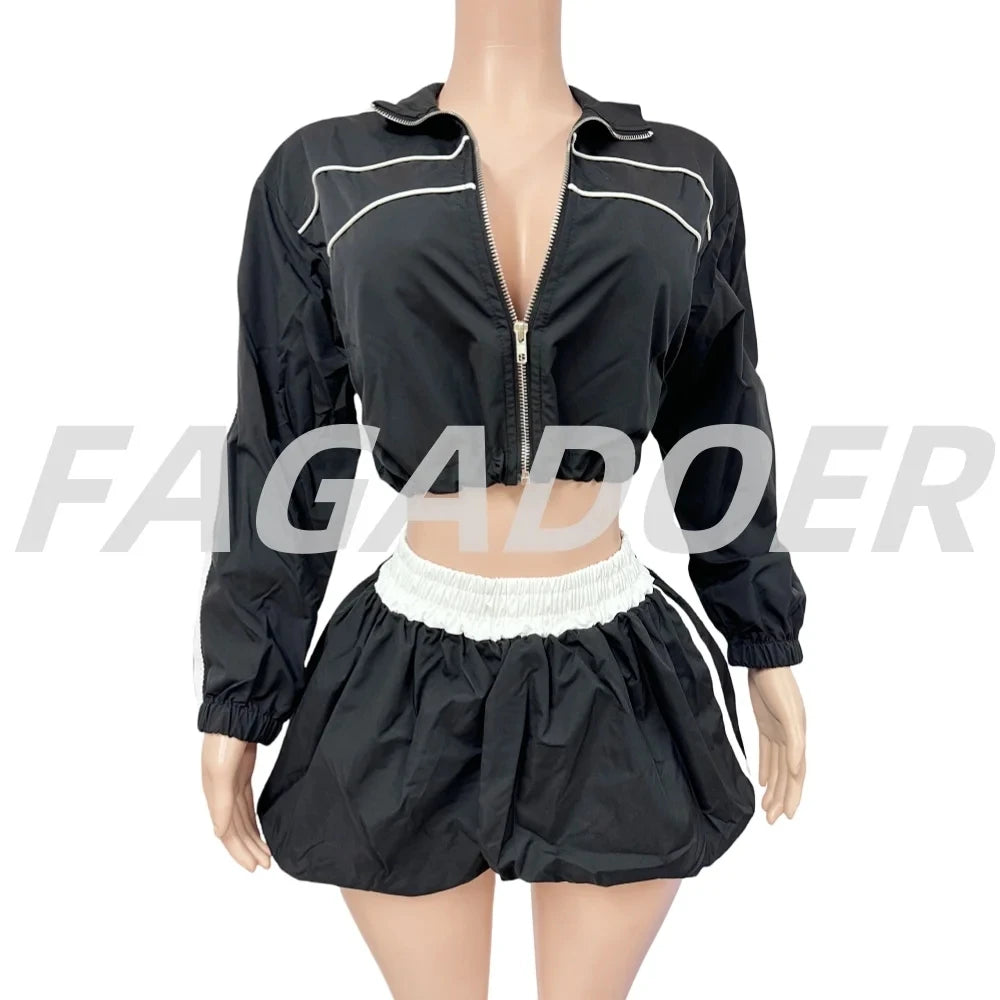 FAGADOER Casual Color Block 2 Pieces Set for Woman Long Sleeve Zipper Crop Jacke and Drawstring Shorts Female Jogger Clothing