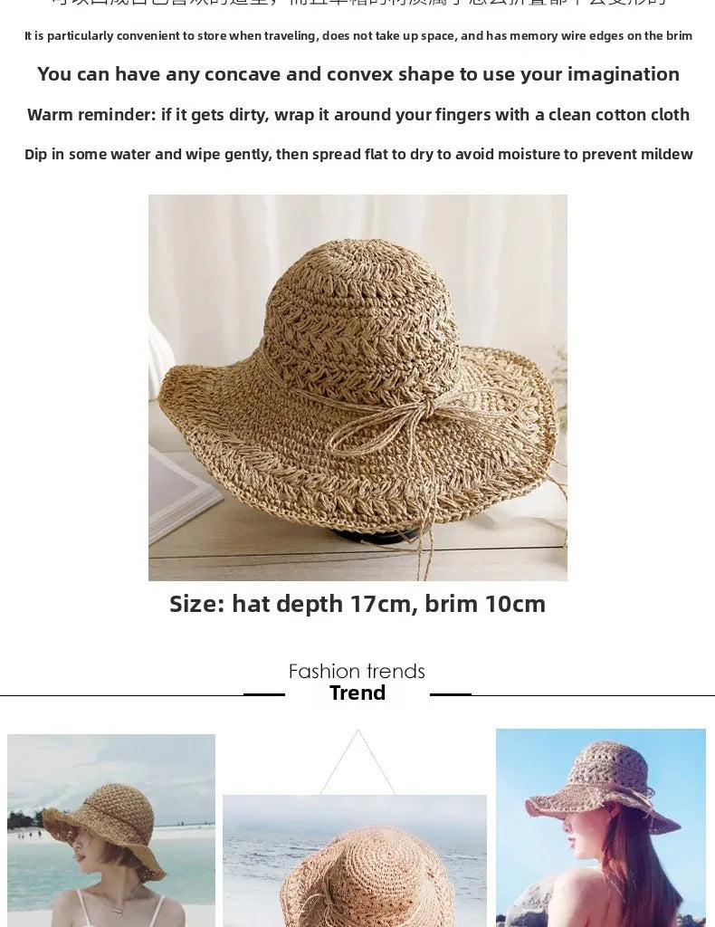 Foldable Sun Protection Straw Hat Women's Summer Korean Style Beach Vacation Outing Large Brim Sand Beach Cap Lace Net Hat