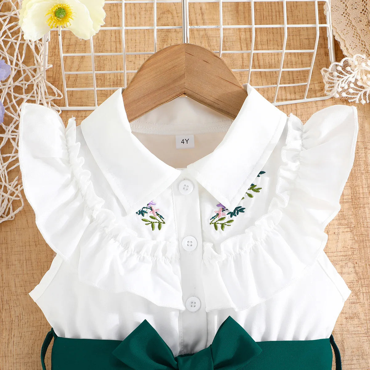 Prowow Lady Girl's Dresses Sleeveless Embroidery Floral Lotus Dress Turn-Down Collar Patchwork Shirt Dress For Girls With Belt