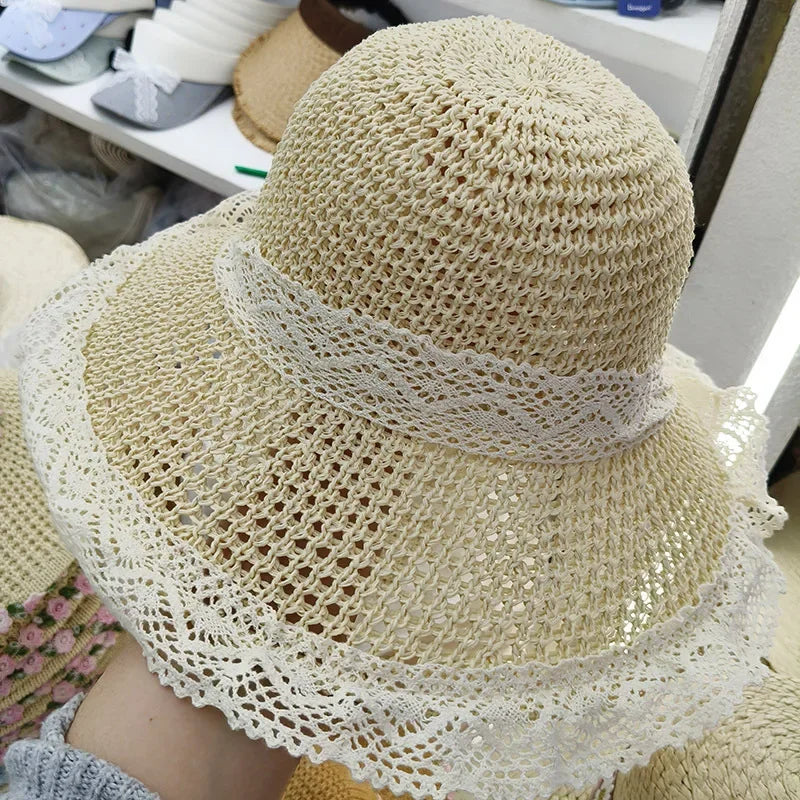 Wide Brim Straw Hat Summer Sunshade Hat Woven with Ribbons Beach Holiday Beach Sandal Trendy Hat for Outdoor Activities