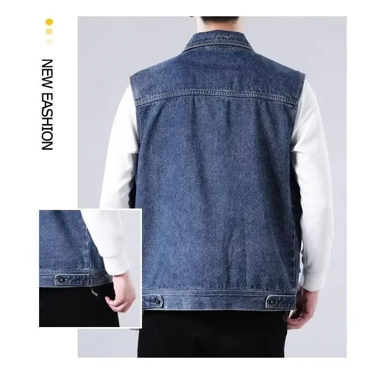 Loose Men's Denim Vest Spring Autumn American Retro Style Sleeveless Workwear Jacket Casual Trendy Brand Outerwear