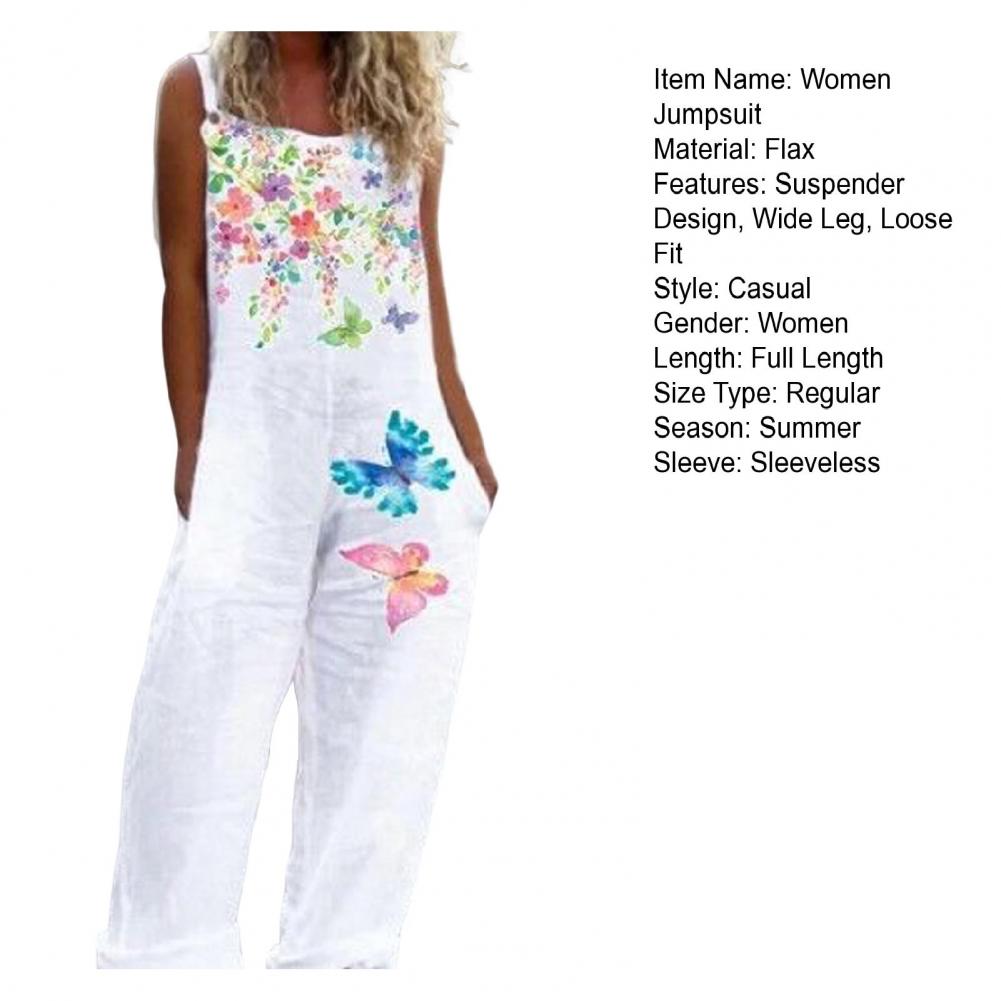 Casual Loose Jumpsuit Women Spaghetti Long Camis Summer Print Cotton Linen Strap Wide Leg Pants Bib Overalls Sleeveless Jumpsuit