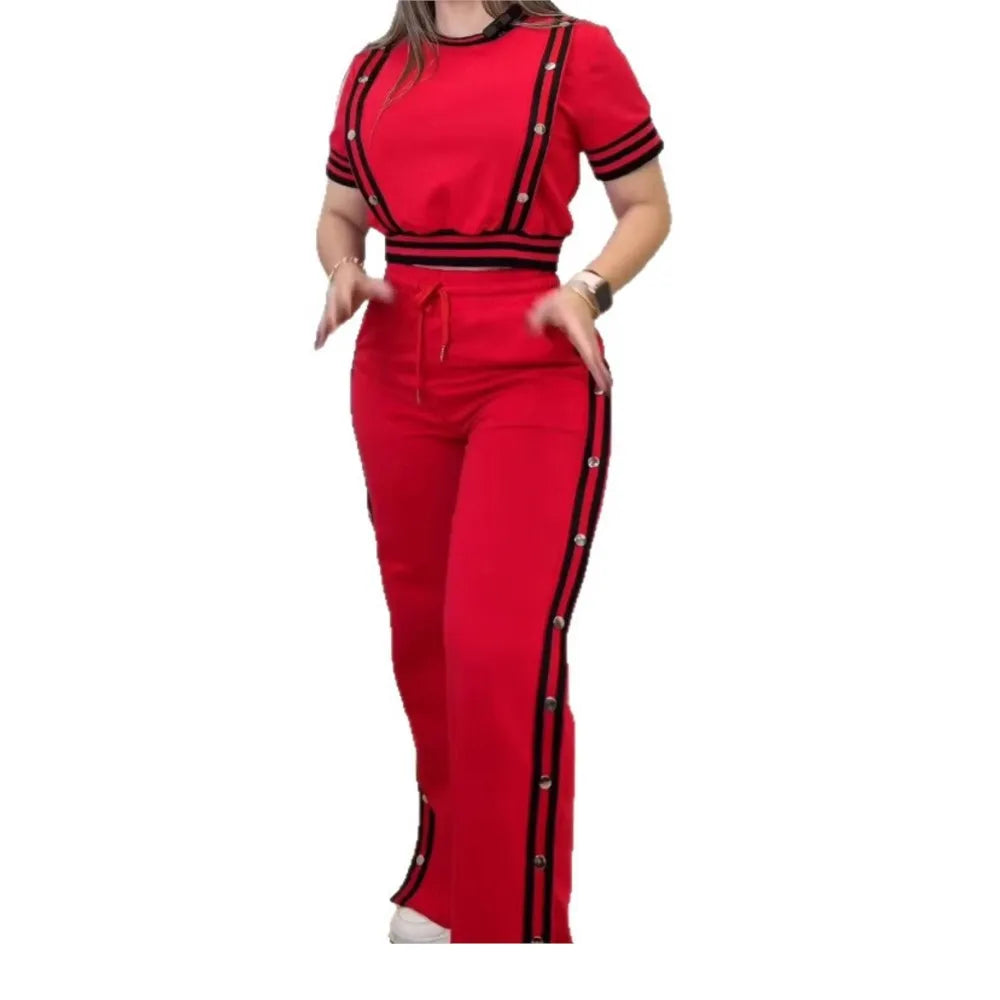 Fashion Rivet T Shirt Short Sleeved Long Pants Women's Set Autumn Casual Striped Red Slit Straight through Long Pants Sports Set