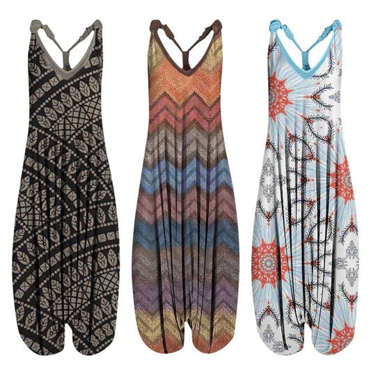 Large Size Ethnic Style Women's Jumpsuits Spring Summer Printed Sleeveless Overalls Backless Cross Straps Beach Jumpsuit S-5XL