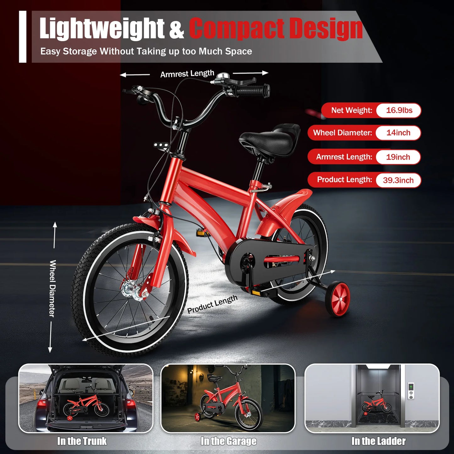 14inch Children's Bicycle with Training Wheel for 2-5 Year-Old Boys and Girls, Height Adjustable Kids Bike White/Yellow/Red/Blue