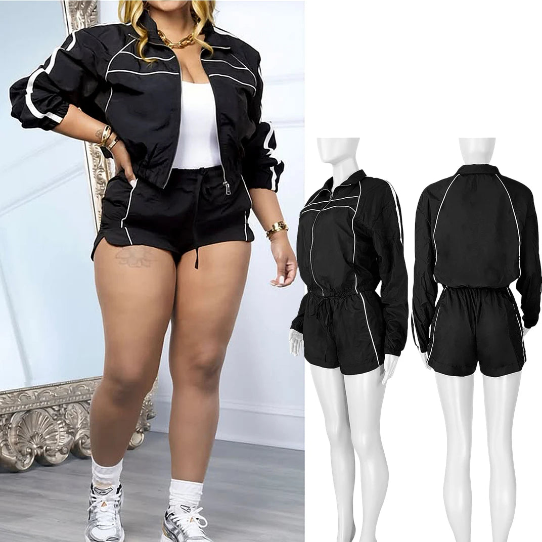 FAGADOER Casual Color Block 2 Pieces Set for Woman Long Sleeve Zipper Crop Jacke and Drawstring Shorts Female Jogger Clothing