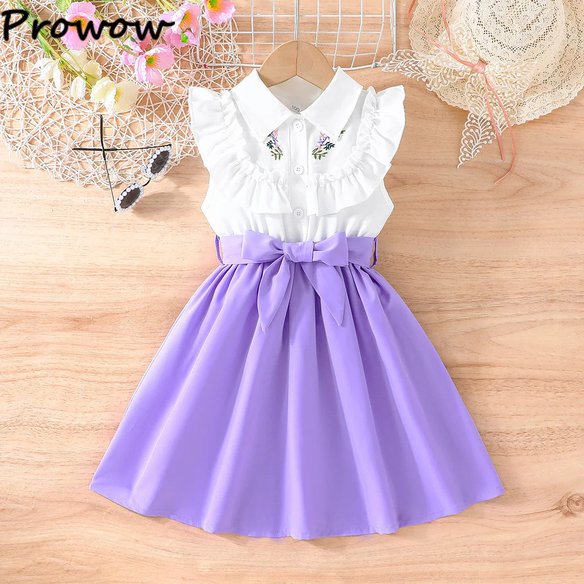 Prowow Lady Girl's Dresses Sleeveless Embroidery Floral Lotus Dress Turn-Down Collar Patchwork Shirt Dress For Girls With Belt