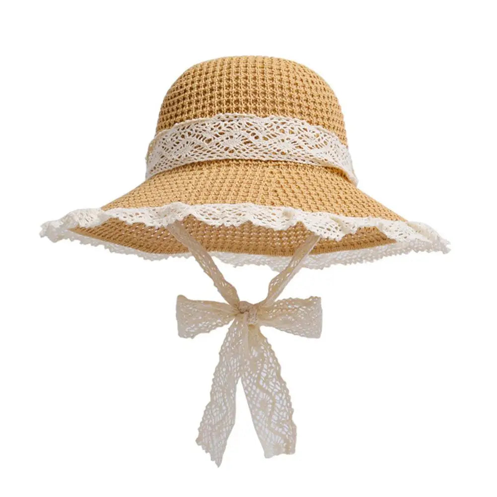 Summer Women's Lace Straw Beach Hat Foldable Sun Hat with Wide Brim Fresh Stylish Sunblock Shade Hat Perfect for Travel Holiday