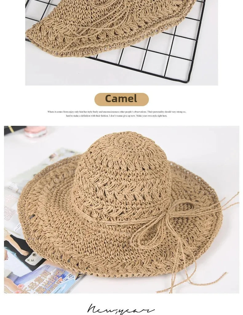 Foldable Sun Protection Straw Hat Women's Summer Korean Style Beach Vacation Outing Large Brim Sand Beach Cap Lace Net Hat