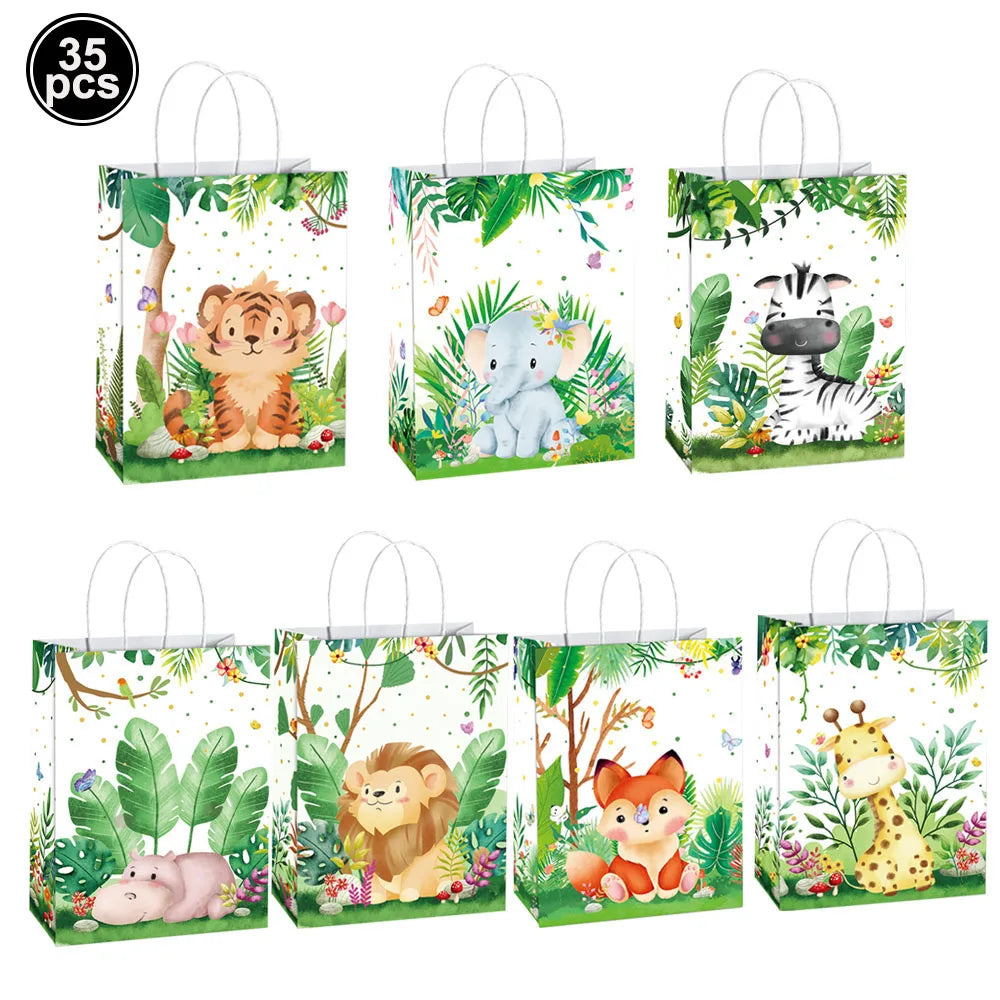 10-49pcs Cartoon Jungle Animals Gift Handbag Zebra Tiger Giraffe Fox Candy Package Jungle Theme Birthday Party Decor Supplies