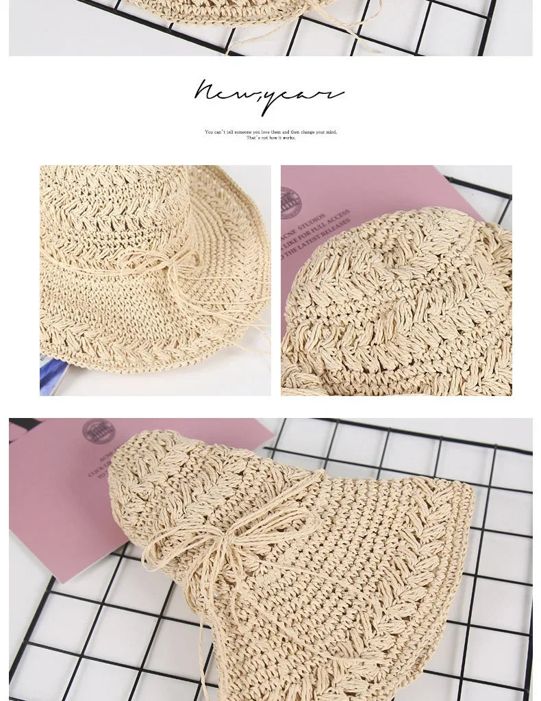 Foldable Sun Protection Straw Hat Women's Summer Korean Style Beach Vacation Outing Large Brim Sand Beach Cap Lace Net Hat