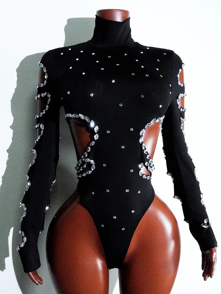 Drag Queen Outfit Sparkly Black Hollow Sexy 2 Piece Crystal Women Evening Prom Celebrate Birthday NightClub Performance Costume