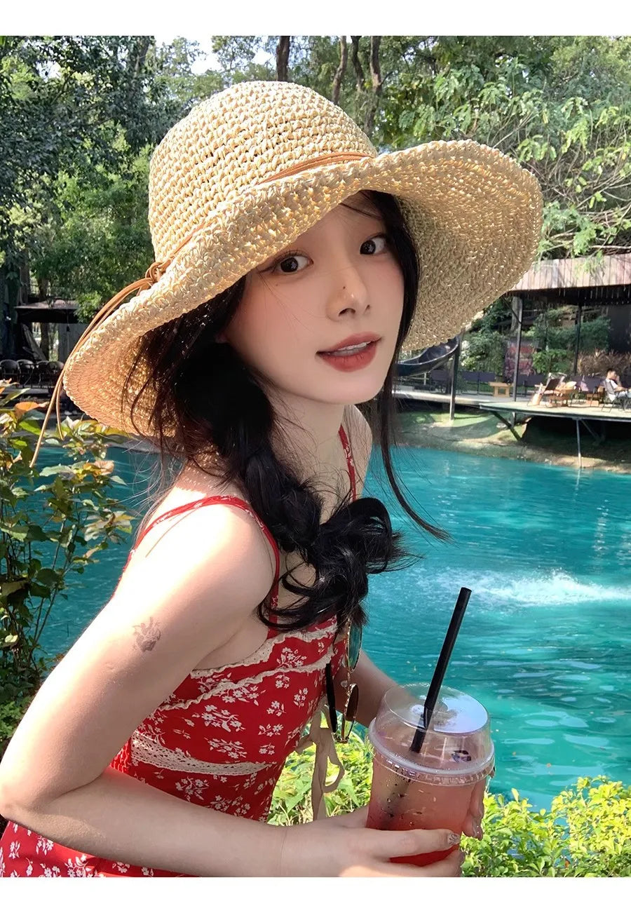 Holiday Sle Beach Fisherman Hat Seaside Sun Protection Sun Hat Large Brim Bow Woven Straw Hat Women Panama Chapeau Korean
