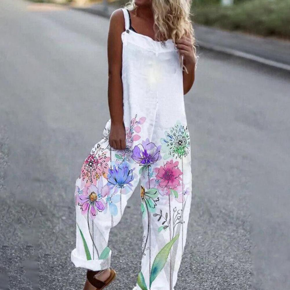Casual Loose Jumpsuit Women Spaghetti Long Camis Summer Print Cotton Linen Strap Wide Leg Pants Bib Overalls Sleeveless Jumpsuit