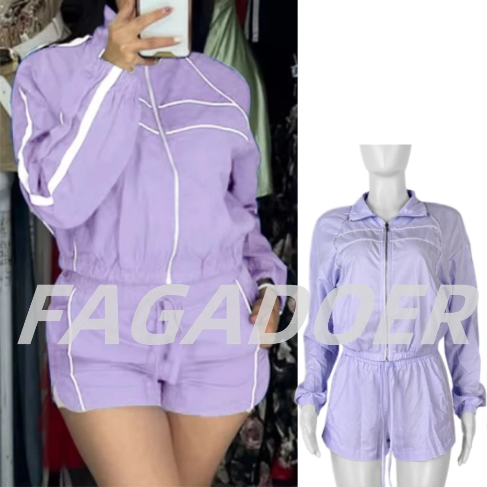 FAGADOER Casual Color Block 2 Pieces Set for Woman Long Sleeve Zipper Crop Jacke and Drawstring Shorts Female Jogger Clothing