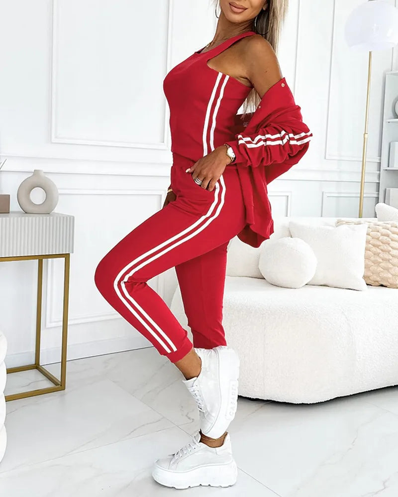 Autumn 3 Piece Tracksuit Outfit Set Striped Tape Patch Button Front Jacket Cuffed Pants Tank Top with Pockets for Casual Wear