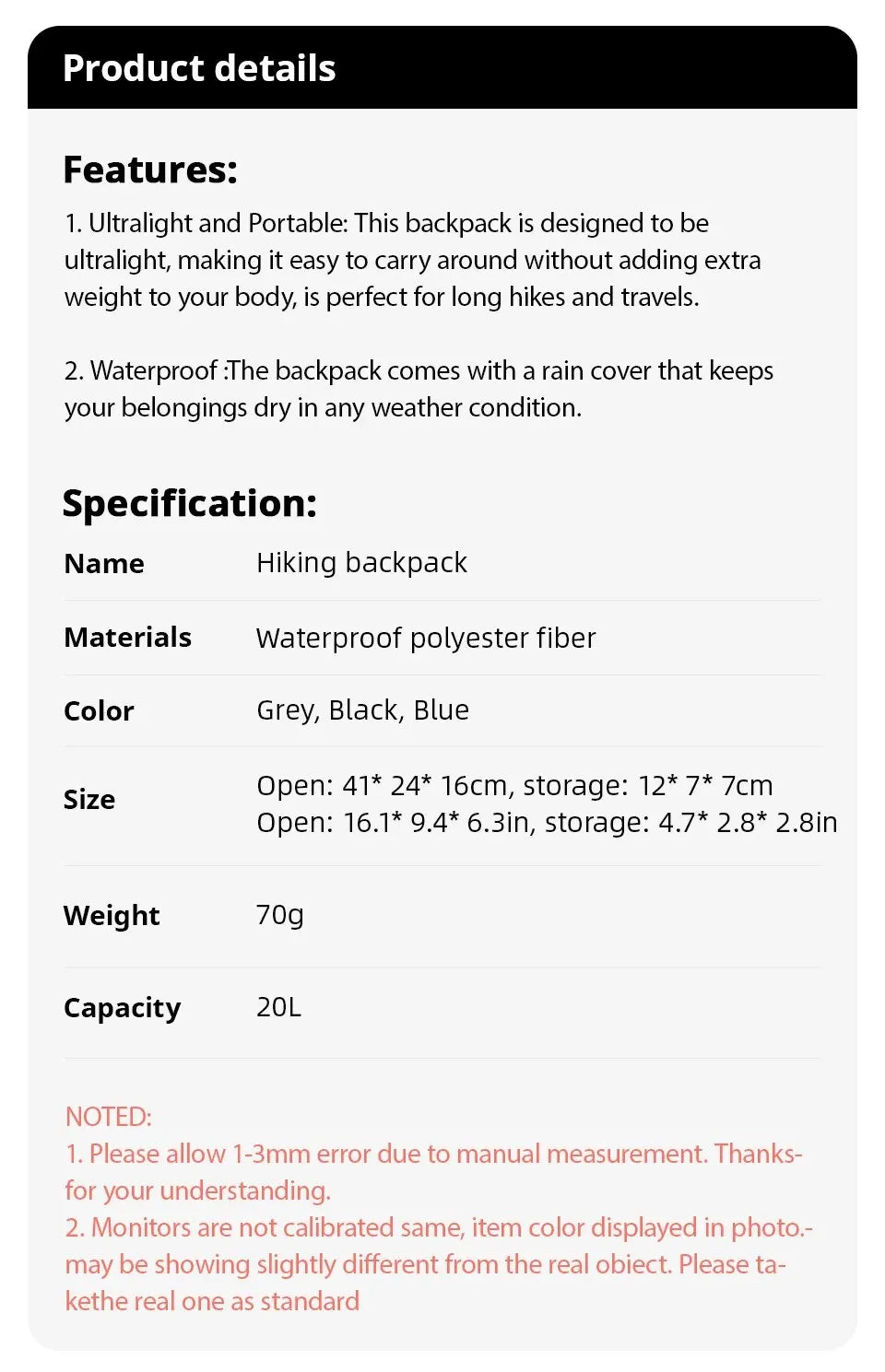 Outdoor Hiking Bag 20L Lightweight Portable Backpack Foldable Waterproof Folding Ultralight Pack for Women Men Travelling Hiking