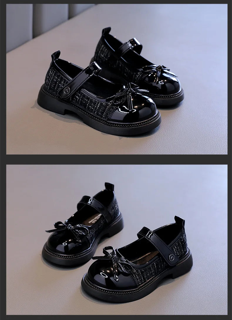 Butterfly Knot Anti Slip Round Toe Girls Leather Shoes Spring Autumn Outdoor PU Sweet Princess Leather Shoes Sandalias De Mujer