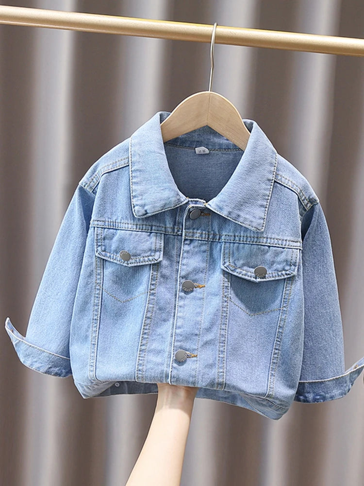 2024 Spring and Autumn Boys Simple Pocket Long sleeved Lapel Single breasted Denim Coat Casual Coat 1-8Y
