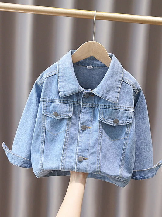 2024 Spring and Autumn Boys Simple Pocket Long sleeved Lapel Single breasted Denim Coat Casual Coat 1-8Y