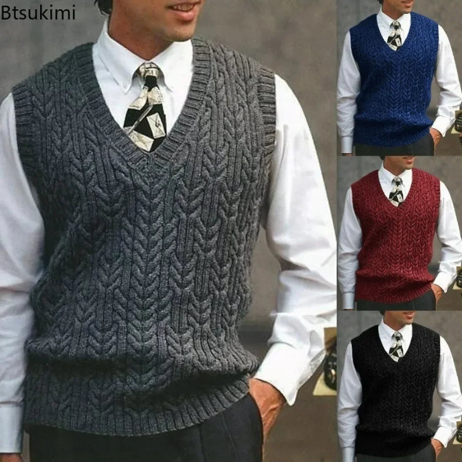 2025 Men's Autumn Winter Warm Casual Knitted Sweater Vest  Sleeveless V Neck Fleece Western Sweaters for Men Sueter Para Hombre