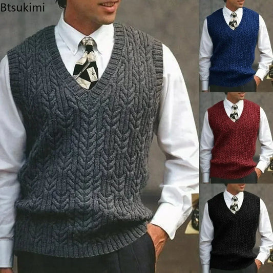 2025 Men's Autumn Winter Warm Casual Knitted Sweater Vest  Sleeveless V Neck Fleece Western Sweaters for Men Sueter Para Hombre